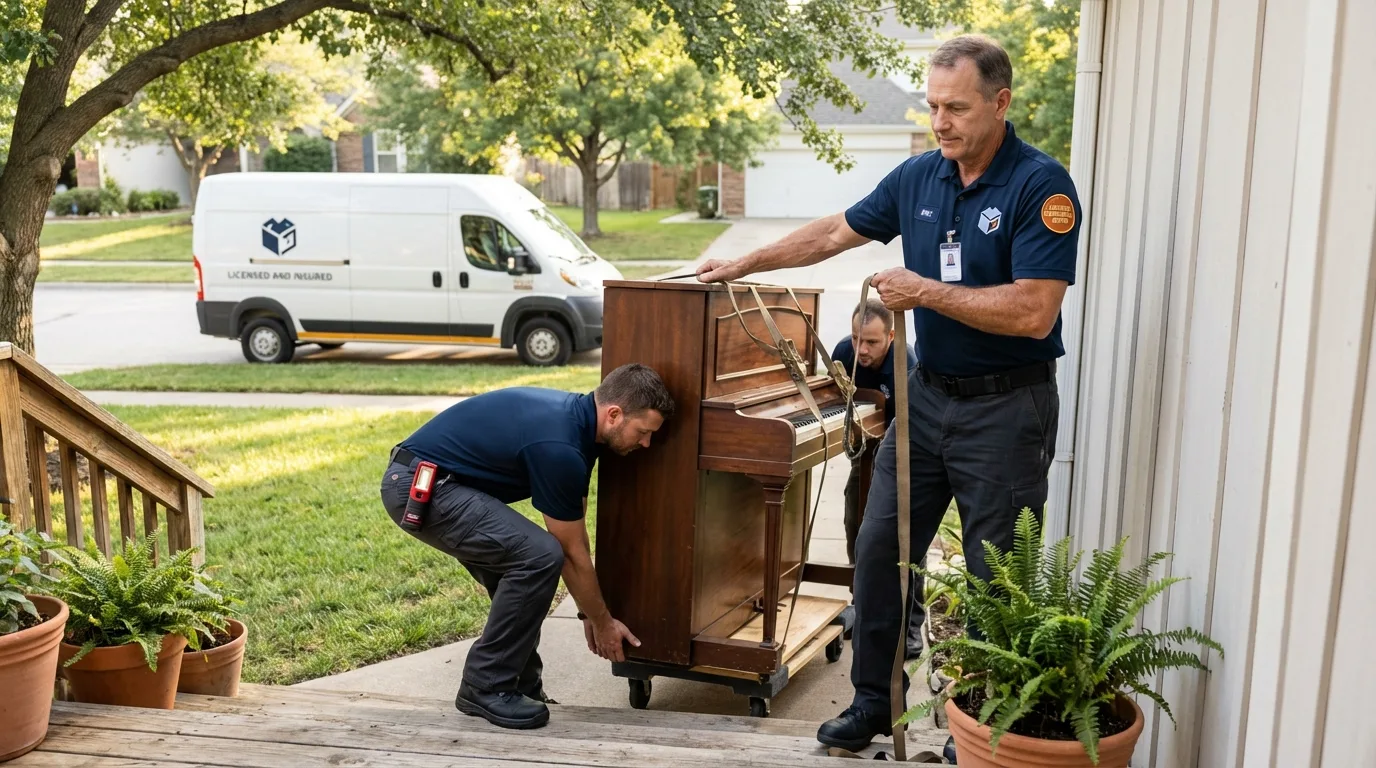 Licensed piano movers securing grand piano in Paxton, MA