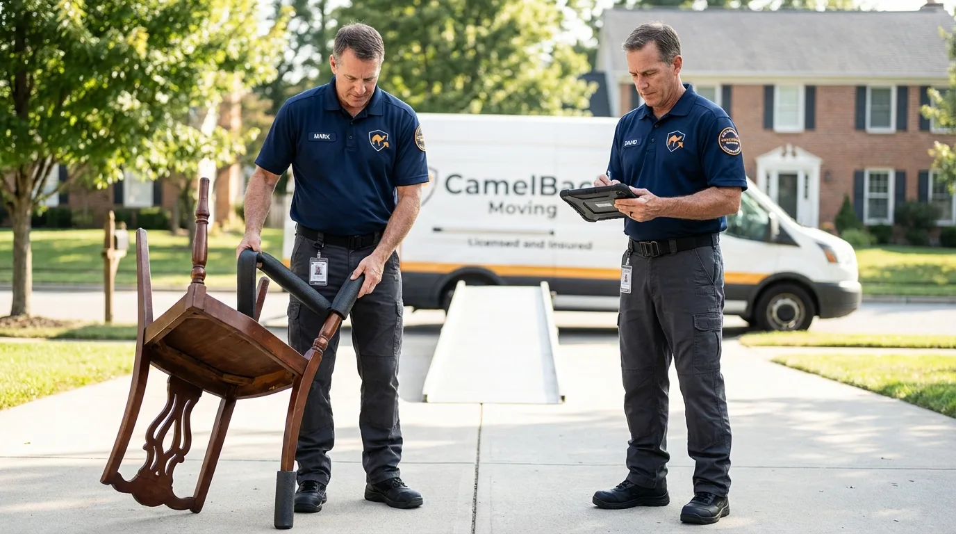 Movers inspecting furniture for damage prevention before loading in Paxton, MA